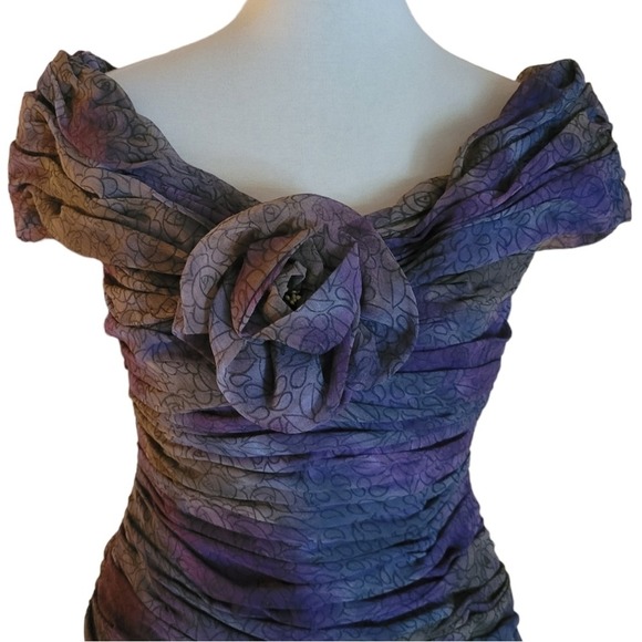 Vintage 50's Handmade Ruched Silk Dark‎ Watercolor Off the Shoulder Top - Picture 5 of 10